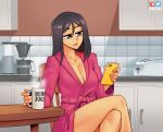  1girl black_eyes black_hair breasts cellphone chair cleavage coffee_maker_(object) coffee_mug collarbone commentary crossed_legs cup english_commentary eyebrows_hidden_by_hair flower holding holding_phone kitchen large_breasts mug nortuet original phone red_flower red_rose rose sitting smartphone smile solo steam toaster 
