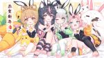  4girls absurdres animal_ear_fluff animal_ears asymmetrical_legwear bell black_hair black_leotard black_thighhighs blue_eyes braid breasts brown_eyes brown_hair carrot cat_ears cat_girl cat_tail character_request claw_pose coat detached_collar diona_(genshin_impact) fake_animal_ears feet genshin_impact green_coat green_eyes hair_bell hair_ornament hand_on_own_chest hand_on_own_knee highres leotard looking_at_viewer mismatched_legwear multicolored_hair multiple_girls nahida_(genshin_impact) no_shoes off_shoulder one_eye_closed open_mouth orange_coat pink_coat pink_eyes pink_hair playboy_bunny rabbit rabbit_ears short_hair side_ponytail single_sock single_thighhigh small_breasts smile socks soles strapless strapless_leotard streaked_hair striped striped_thighhighs stuffed_toy tail thighhighs toeless_footwear toeless_legwear toes topknot white_hair white_thighhighs wuhuo yaoyao_(genshin_impact) yellow_coat yuegui_(genshin_impact) 