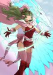  1girl boots bracelet breasts cape cleavage commentary dragon dragonstone dress english_commentary fire_emblem fire_emblem_awakening floating floating_hair floating_object garter_straps gem gloves green_eyes green_hair hair_ribbon high_collar highres jewelry large_breasts long_hair looking_away pink_cape pink_thighhighs pointy_ears ponytail red_dress red_footwear red_gloves red_ribbon ribbon sakuremi short_dress solo strapless strapless_dress thighhighs thighs tiki_(adult)_(fire_emblem) tiki_(fire_emblem) 