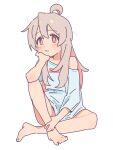  1girl 3: :t ahoge armpit_crease bangs bare_legs barefoot blush bright_pupils brown_eyes closed_mouth clothes_writing collarbone doublep0ints elbow_rest frown full_body furrowed_brow grey_hair hair_between_eyes hand_on_own_ankle head_rest knee_up long_hair looking_at_viewer no_pants off_shoulder onii-chan_wa_oshimai! oversized_clothes oversized_shirt oyama_mahiro shirt simple_background single_bare_shoulder sitting sleeves_past_elbows solo t-shirt tareme unkempt wavy_mouth white_background white_shirt 