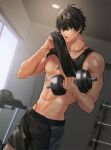  1boy abs bangs barbell bare_shoulders biceps black_hair black_shirt black_shorts black_tank_top blue_eyes chain_necklace clothes_lift collarbone commentary cowboy_shot crossed_bangs dog_tags dumbbell dutch_angle english_commentary exercise gold_necklace hair_between_eyes highres holding indie_virtual_youtuber indoors jae_(vtuber) jewelry lifted_by_self looking_at_viewer male_focus muscular muscular_male navel necklace okii_(oh_ki_ik) open_mouth pectorals second-party_source shirt shirt_lift short_hair short_shorts shorts sleeveless sleeveless_shirt solo standing stomach tank_top treadmill v-shaped_eyebrows virtual_youtuber weight_rack weightlifting weights window wiping_sweat 