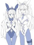  2girls ? alternate_costume animal_ears artoria_pendragon_(fate) artoria_pendragon_(swimsuit_ruler)_(fate) artoria_pendragon_(swimsuit_ruler)_(fate)_(cosplay) black_tiara breast_envy cosplay covering covering_breasts earrings ereshkigal_(fate) fate/grand_order fate_(series) hair_ribbon highres hinata_(eine_blume) hoop_earrings jewelry looking_at_breasts multiple_girls necktie playboy_bunny rabbit_ears ribbon translation_request 