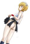  1girl apron ass blonde_hair blush breasts closed_mouth cutlass_(girls_und_panzer) from_below fundoshi girls_und_panzer highres hiyama_yuu_(wee259hiyama) japanese_clothes maid_headdress sarashi shiny_skin short_hair signature simple_background small_breasts solo white_background yellow_eyes 