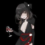  1girl alcohol black_background black_bridal_gauntlets black_dress black_hair bow breasts bridal_gauntlets brown_eyes cleavage cup dress drinking_glass elbow_gloves eyepatch girls&#039;_frontline gloves hair_bow highres holding holding_cup long_hair looking_at_viewer m16a1_(blazer_of_the_trail)_(girls&#039;_frontline) m16a1_(girls&#039;_frontline) mole mole_under_eye scar scar_on_face simple_background smile solo taiyang_ami upper_body wine wine_glass 