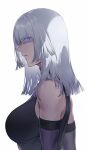  ak-15_(girls&#039;_frontline) bangs bare_shoulders breasts defy_(girls&#039;_frontline) detached_sleeves from_side girls&#039;_frontline grey_hair hair_over_one_eye highres kistina looking_at_viewer medium_breasts medium_hair parted_lips purple_eyes serious shirt simple_background solo standing upper_body white_background 