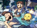  2boys ^_^ bamboo_fence black_eyes blush blush_stickers brothers brown_hair bucket bush character_request choko_(cup) closed_eyes closed_mouth commentary_request cup facial_hair fence highres holding holding_cup in_water leaf looking_at_another luigi male_focus mario mario_&amp;_luigi_rpg mario_(series) multiple_boys mustache night onsen outdoors partially_submerged rock short_hair siblings smile star_(symbol) starlow steam tokkuri topless_male towel towel_around_neck towel_on_head tree water wet wet_hair wooden_bucket ya_mari_6363 