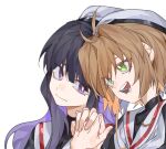  2girls black_hair brown_hair cardcaptor_sakura colored_inner_hair daidouji_tomoyo green_eyes hat holding_hands kinomoto_sakura long_hair molu_stranger multicolored_hair multiple_girls open_mouth purple_eyes purple_hair shaded_face short_hair simple_background smile white_background 