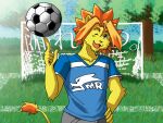  2008 anthro ball blue_clothing blue_shirt blue_topwear clothing colored felid fruitz fur grass hand_on_hip lion male mammal mane morenatsu one_eye_closed open_mouth open_smile orange_mane outside pantherine plant shirt smile soccer_ball soccer_goal solo soutarou_(morenatsu) topwear visual_novel yellow_body yellow_fur 