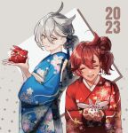  2023 2girls ahoge alternate_hairstyle animal bangs blue_kimono chinese_zodiac closed_eyes closed_mouth dark-skinned_female dark_skin floral_print folded_ponytail from_side furisode grey_eyes grey_hair gundam gundam_suisei_no_majo hair_between_eyes hair_ornament hair_up highres holding holding_animal japanese_clothes kimono laun_000 long_sleeves looking_at_viewer miorine_rembran multiple_girls new_year obi open_mouth print_kimono rabbit red_kimono sash short_hair smile standing suletta_mercury tassel tassel_hair_ornament wide_sleeves year_of_the_rabbit 