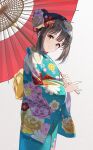  1girl bangs black_hair blue_kimono blush braid brown_eyes closed_mouth different floral_print flower from_side gradient_background grey_background hair_flower hair_ornament highres holding holding_umbrella idolmaster idolmaster_cinderella_girls japanese_clothes kimono long_sleeves looking_at_viewer looking_to_the_side oil-paper_umbrella print_kimono red_flower short_hair single_braid smile solo takafuji_kako umbrella wide_sleeves yellow_flower 