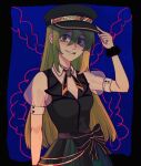  1girl alina_gray black_headwear black_vest blonde_hair collar detached_collar fur_cuffs green_eyes green_hair hair_between_eyes hat highres long_hair looking_at_viewer magia_record:_mahou_shoujo_madoka_magica_gaiden magical_girl mahou_shoujo_madoka_magica mocaccc multicolored_clothes multicolored_hair multicolored_skirt open_mouth peaked_cap pleated_skirt puffy_short_sleeves puffy_sleeves see-through see-through_sleeves short_sleeves sidelocks skirt sleeve_cuffs smile solo streaked_hair striped striped_skirt vertical-striped_skirt vertical_stripes vest white_collar 