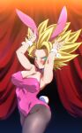  1girl animal_ears aqua_eyes armpits arms_up big_hair blonde_hair blush bow bowtie breasts bunny_pose caulifla cleavage curtains detached_collar dragon_ball dragon_ball_super fake_animal_ears fake_tail large_breasts looking_at_viewer pantyhose pink_bow playboy_bunny rabbit_ears rabbit_tail red_curtains rom_(20) solo spiked_hair standing super_saiyan super_saiyan_2 tail wrist_cuffs 