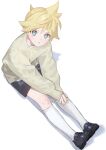  1boy bangs black_footwear black_shorts blonde_hair blue_eyes collared_shirt hair_between_eyes highres kagamine_len long_sleeves looking_at_viewer looking_up male_focus naoko_(naonocoto) open_mouth puffy_long_sleeves puffy_sleeves shadow shirt shoes short_hair shorts simple_background sitting socks solo sweater vocaloid white_background white_shirt white_socks wing_collar yellow_sweater 