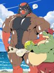  2023 3:4 anthro appletun ball beach beard belly belly_overhang big_belly big_bulge blush body_hair bottomwear brown_body bulge chest_hair clothed clothing colored comic deadanthro detailed_background digital_media_(artwork) dragon duo elemental_creature ellipsis equid exposed_belly facial_hair floppy_ears flora_fauna generation_7_pokemon generation_8_pokemon green_body happy_trail hat headgear headwear hi_res holding_object larger_male looking_at_another macoun_(deadanthro) male mammal mudsdale musclegut muscular muscular_male nintendo nipples obscured_eyes outside overweight overweight_male partially_clothed pecs plant pokemon pokemon_(species) pubes questioning_ellipsis scalie seaside shaded size_difference smaller_male swimming_trunks swimwear text thick_thighs tight_bottomwear tight_clothing topless tucker_(deadanthro) water 