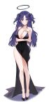  1girl absurdres ash_(cat7evy) bangs bare_shoulders black_dress blue_archive blush breasts cleavage dress halo high_heels highres jewelry large_breasts long_hair looking_at_viewer necklace off_shoulder purple_eyes purple_hair solo two_side_up white_background yuuka_(blue_archive) 