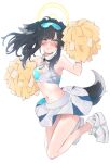  1girl absurdres animal_ears bangs bare_shoulders black_hair blue_archive blue_eyes blush breasts cheerleader crop_top dog_ears eyewear_on_head goggles goggles_on_head halo hibiki_(blue_archive) hibiki_(cheerleader)_(blue_archive) highres looking_at_viewer medium_breasts midriff miniskirt navel official_alternate_costume open_mouth pom_pom_(cheerleading) pom_pom_(clothes) sad skirt solo sunglasses tearing_up 