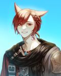  1boy absurdres animal_ears black_scarf blue_background cat_boy cat_ears facial_mark final_fantasy final_fantasy_xiv g&#039;raha_tia hair_between_eyes hair_ornament hair_over_one_eye highres jewelry looking_at_viewer low_ponytail male_focus miqo&#039;te mooraeng neck_tattoo necklace portrait red_eyes red_hair scarf short_hair slit_pupils smile solo tattoo teeth upper_body x_hair_ornament 