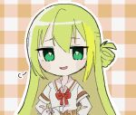  1girl alina_gray blonde_hair blush bow bowtie chibi green_eyes green_hair hair_between_eyes layered_sleeves long_hair long_sleeves looking_at_viewer magia_record:_mahou_shoujo_madoka_magica_gaiden mahou_shoujo_madoka_magica multicolored_hair open_mouth red_bow red_bowtie saihate_0_00 sakae_general_school_uniform school_uniform shirt short_over_long_sleeves short_sleeves smile solo streaked_hair upper_body white_shirt 