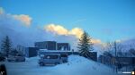  artist_logo blue_sky car cloud day ground_vehicle highres house motor_vehicle no_humans original outdoors power_lines road_sign scenery sign sky snow utility_pole winter yucong_tang 