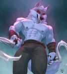  2023 abs anthro arm_wraps black_nose bottomwear canid canine canis claws clothed clothing death_(puss_in_boots) digital_media_(artwork) dual_wielding fangs hi_res holding_object holding_weapon lion21 looking_at_viewer male mammal muscular muscular_anthro muscular_male pants red_eyes sickle simple_background solo teeth topless weapon wolf wraps 