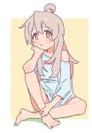  1girl 3: :t ahoge armpit_crease bangs bare_legs barefoot blush border bright_pupils brown_eyes closed_mouth clothes_writing collarbone doublep0ints elbow_rest frown full_body furrowed_brow grey_hair hair_between_eyes hand_on_own_ankle head_rest knee_up long_hair looking_at_viewer no_pants off_shoulder onii-chan_wa_oshimai! outside_border oversized_clothes oversized_shirt oyama_mahiro shirt simple_background single_bare_shoulder sitting sleeves_past_elbows solo t-shirt tareme unkempt wavy_mouth white_background white_border white_shirt yellow_background 