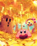  absurdres autumn autumn_leaves blue_eyes blue_sky blush_stickers chip_(kirby) como_(kirby) dappled_sunlight eating food grass highres kirby kirby_(series) looking_at_another polof pupa_(kirby) roasted_sweet_potato sky sunlight suyasuyabi sweet_potato tree whispy_woods 