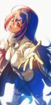  1girl absurdres aduti_momoyama alear_(female)_(fire_emblem) alear_(fire_emblem) armor bangs beckoning blue_eyes blue_hair blush braid breasts crossed_bangs crown_braid fire_emblem fire_emblem_engage gloves heterochromia highres jewelry long_hair looking_at_viewer medium_breasts multicolored_hair outstretched_arm outstretched_hand reaching_towards_viewer red_eyes red_hair smile solo split-color_hair tiara two-tone_hair very_long_hair 