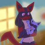  1:1 anthro blue_body blue_fur clothed clothing crib diaper duo emblem eyes_closed female fennecat_(artist) fur generation_4_pokemon hara_di_aural holding_baby leon_di_aural lucario male nintendo pokemon pokemon_(species) reaching_out red_body red_eyes red_fur riolu simple_background watermark wearing_diaper window young 
