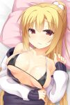  1girl arihara_nanami bangs bare_shoulders bed_sheet bikini black_bikini black_jacket blonde_hair breasts breasts_apart closed_mouth collarbone commentary_request embarrassed fingernails frown furrowed_brow hair_between_eyes half-closed_eyes head_on_pillow highres jacket large_breasts long_hair looking_at_viewer multicolored_clothes multicolored_jacket open_clothes open_jacket pom_pom_(clothes) ponytail red_eyes riddle_joker sidelocks sleeves_past_wrists solo straight_hair sweat swimsuit tatsuya_(trypaint) two-tone_jacket undressing upper_body very_long_hair white_jacket zipper 
