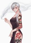  1girl arm_tattoo black_dress chainsaw_man cigarette dragon dress ear_piercing earrings eastern_dragon eyepatch highres holding holding_cigarette jewelry leg_tattoo long_hair looking_at_viewer piercing ponytail quanxi_(chainsaw_man) side_slit sideways_glance simple_background smile smoke solo stud_earrings taestymaee tattoo twitter_username white_background white_hair 