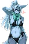  &lt;3 anthro big_breasts bikini black_bikini black_clothing black_nose black_swimwear bracelet breasts camel_toe canid canine canis cheek_tuft claws cleavage clothed clothing digital_media_(artwork) eyelashes facial_tuft female female_anthro fingers fur green_scarf grey_body grey_fur hair hand_behind_head hand_on_hip hi_res huge_breasts inner_ear_fluff jewelry kemono long_hair looking_at_viewer mammal multicolored_body multicolored_fur navel okami_bark ookamiwaho ponytail purple_eyes scarf side_boob silver_bracelet simple_background smile solo standing swimwear tail tuft two_tone_body two_tone_fur white_body white_fur white_hair wolf 