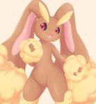  absurd_res aleuoliver anthro brown_body female generation_4_pokemon genitals hi_res looking_at_viewer lopunny nintendo open_mouth pokemon pokemon_(species) purple_eyes pussy simple_background smile solo 