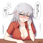  1girl blush breasts cleavage collarbone collared_shirt cypress gangut_(kancolle) grey_hair hair_between_eyes kantai_collection large_breasts long_hair looking_at_viewer open_mouth orange_eyes red_shirt scar scar_on_face shirt simple_background solo speech_bubble translation_request twitter_username white_background 