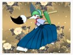  1boy black_flower blue_hair blue_hakama blue_kimono border bug butterfly calligraphy_brush clothed_pokemon colored_skin commentary_request confetti flower full_body gallade green_hair green_skin grey_border hair_over_one_eye hakama hands_up happy highres hip_vent holding japanese_clothes kimono leaf legs_apart looking_at_viewer mohawk monya multicolored_hair multicolored_skin one_eye_covered open_mouth oversized_object paintbrush pokemon pokemon_(creature) red_eyes short_hair short_sleeves smile solo standing two-handed two-tone_hair two-tone_skin white_skin yellow_background yellow_flower 