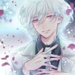  1boy black_shirt brown_eyes coat collared_shirt hand_on_own_chest highres long_sleeves looking_at_viewer male_focus necktie onoda_shou petals ryi5661124 shirt short_hair smile solo teeth tsukino_talent_production tsukipro wavy_hair white_coat white_hair white_necktie 