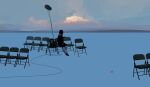  1other absurdres ambiguous_gender bangqiao_yan black_coat boom_microphone chair cloud cloudy_sky coat day folding_chair highres original outdoors scarf scenery sky solo 