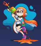  1girl arm_up artist_name bangs bike_shorts black_shorts blue_background blush commentary english_commentary full_body grin gun hand_up highres holding holding_gun holding_weapon ink_tank_(splatoon) inkling inkling_girl long_hair looking_at_viewer multicolored_background one_eye_closed orange_eyes paint pink_footwear shirt shoes short_shorts short_sleeves shorts sidelocks simple_background smile sneakers solo splatoon_(series) splatoon_1 splattershot_(splatoon) standing teeth tentacle_hair v-shaped_eyebrows vinny_(dingitydingus) weapon white_shirt 