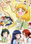  5girls absurdres aoki_reika bangs blonde_hair blue_hair blunt_bangs book brown_eyes candy_(smile_precure!) cardigan clothes_around_waist eating food green_hair green_sweater_vest grin hair_ornament hairclip headband highres hime_cut hino_akane_(smile_precure!) hoshizora_miyuki jacket jacket_around_waist ken_akai kise_yayoi long_hair midorikawa_nao multiple_girls nanairogaoka_middle_school_uniform pink_eyes pink_hair ponytail precure red_hair school_uniform smile smile_precure! sparkling_eyes sweater_vest v white_headband yellow_cardigan 