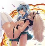  2girls aqua_hair ass bangs blonde_hair blue_eyes blue_sailor_collar breast_grab breasts carrying closed_mouth double_bun explosion fang fuwafuwatoufu gambier_bay_(kancolle) grabbing hair_bun hair_ribbon hat highres kantai_collection large_breasts long_hair multiple_girls nipple_slip nipples one-hour_drawing_challenge open_mouth princess_carry ribbon sailor_collar samuel_b._roberts_(kancolle) school_uniform serafuku skin_fang skirt star_(symbol) sunglasses tears thighhighs torn_clothes twintails twitter_username white_headwear white_thighhighs yuri 