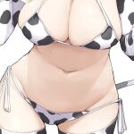  1girl animal_print bikini breasts ceres_fauna cleavage close-up cow_print elbow_gloves gloves groin head_out_of_frame hololive hololive_english large_breasts mitsuru_(pixiv_34028718) navel print_bikini print_gloves print_thighhighs side-tie_bikini_bottom simple_background skindentation solo stomach swimsuit white_background 