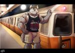  absurd_res anthro big_muscles bottomwear bulge canid canine canis cargo_shorts clothing full_moon hi_res jake_(jakewolf00) male mammal mbta moon muscular rapid_transit red_light resondog shirt shorts solo standing tank_top topwear train_station wolf 