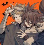  2boys absurdres aqua_eyes atou_haruki bandaged_arm bandaged_chest bandaged_head bandaged_neck bandages bat_(animal) blonde_hair blue_jacket chinese_commentary commentary_request fur-trimmed_jacket fur-trimmed_sleeves fur_trim halloween_costume highres isoi_reiji jacket long_sleeves male_focus medium_hair multiple_boys naku_(naku999ziye) orange_background parted_lips red_eyes saibou_shinkyoku short_hair simple_background tongue tongue_out 