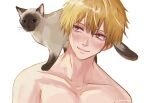  1boy animal_on_shoulder blonde_hair cat cat_on_shoulder chainsaw_man collarbone denji_(chainsaw_man) highres looking_at_another looking_to_the_side short_hair simple_background smile taestymaee topless_male white_background 