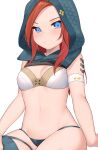  1girl adapted_costume animification apex_legends arm_strap ash_(titanfall_2) ash_(titanfall_2)_(cosplay) ashleigh_reid blue_eyes blue_panties blue_thighhighs blush bra breasts brown_hair cable cleavage cosplay highres hood hood_up looking_at_viewer medium_hair nagoooon_114 navel panties simple_background single_thighhigh sitting small_breasts solo thighhighs underwear white_background white_bra 
