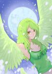  1girl bangs breasts cleavage clothes_writing feathered_wings feathers flying green_feathers green_hair green_wings harpy highres long_hair looking_at_viewer medium_breasts midriff monet_(one_piece) monster_girl moon navel one_piece owl_(jiyuuninarita1) smile snow solo tank_top winged_arms wings yellow_eyes 