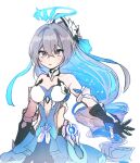  1girl 5rwpvc bare_shoulders black_gloves blue_dress blue_hair blush breasts bronya_zaychik bronya_zaychik_(herrscher_of_truth) cleavage collarbone commentary_request dress gloves grey_eyes grey_hair halo highres honkai_(series) honkai_impact_3rd korean_commentary long_hair looking_at_viewer medium_breasts multicolored_hair outstretched_arm parted_lips red_pupils ringlets sidelocks simple_background solo two-tone_hair very_long_hair white_background 
