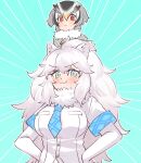  2girls :3 animal_ears big_hair bird_girl bird_wings blonde_hair blue_eyes blue_necktie blush coat commentary_request crossed_arms elbow_gloves fang fur_collar gloves grey_coat grey_hair hair_between_eyes hands_on_hips head_wings highres kemono_friends lion_ears lion_girl long_hair long_sleeves looking_at_viewer multicolored_hair multiple_girls necktie northern_white-faced_owl_(kemono_friends) owl_ears owl_girl plaid_necktie plaid_trim red_eyes shirt short_sleeves size_difference smug tmtkn1 white_fur white_gloves white_hair white_lion_(kemono_friends) white_shirt wings winter_clothes winter_coat yellow_gloves 