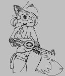  american_180 anthro bikini canid canine clothing cute_fangs female fox gun looking_at_viewer mammal monochrome pepper_(sketchytoasty) ranged_weapon shoulder_tuft simple_background sketchytoasty smile smiling_at_viewer solo submachine_gun swimwear thigh_strap tuft weapon 