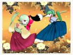  1boy 1girl arm_up bangs blue_hair blue_hakama blue_kimono bob_cut border bow bowl calligraphy_brush clothed_pokemon colored_skin commentary_request confetti flat_chest floral_background flower full_body gallade gardevoir green_hair green_skin grey_border hair_bow hair_over_one_eye hakama hakama_skirt hand_up hands_up happy highres hip_vent holding holding_bowl holding_brush ink japanese_clothes kimono leaf leg_up legs_apart long_skirt long_sleeves looking_at_another looking_at_viewer looking_to_the_side mohawk monya multicolored_hair multicolored_skin one_eye_covered open_mouth orange_background oversized_object paintbrush pleated_skirt pokemon pokemon_(creature) red_bow red_eyes red_skirt short_hair short_sleeves skirt smile standing standing_on_one_leg two-handed two-tone_hair two-tone_skin white_skin wide_sleeves yellow_flower yellow_kimono 