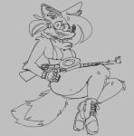  american_180 anthro bikini boots canid canine clothing female fingerless_gloves footwear fox gloves gun handwear looking_at_viewer mammal monochrome pepper_(sketchytoasty) ranged_weapon shoulder_tuft simple_background sketchytoasty smile smiling_at_viewer solo submachine_gun swimwear tuft weapon 